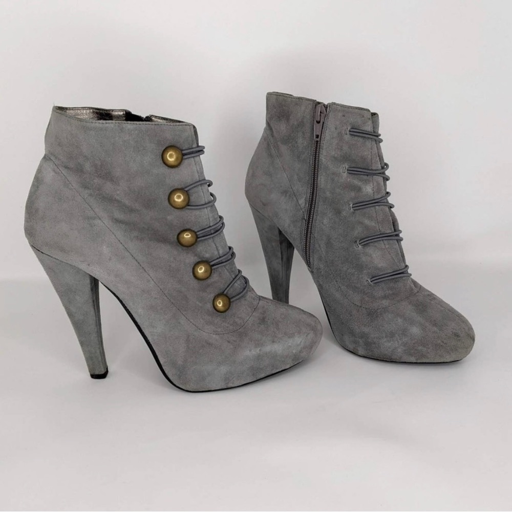Jeffrey Campbell Gray Suede Brass Button High Heel Boots Women's 9